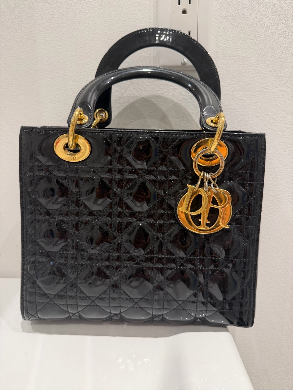 Dior Patent Cannage quilted medium Lady Dior in Black with gold hardware